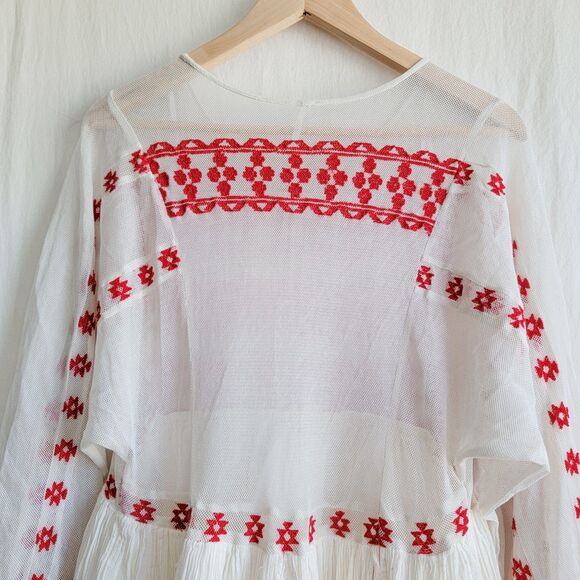 Free People Need Me Mini Dress Sheer Netting White Red Balloon Sleeve Size Small - Picture 6 of 7